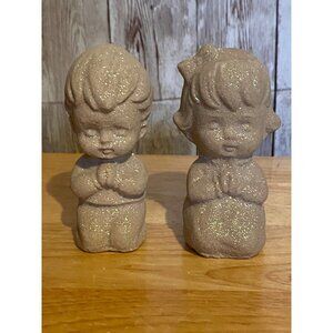 Vintage Glitter Sparkle Cement Praying Boy & Girl Figurine Set